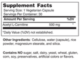 Acetyl- L-Carnitine  500 mg / Neuroprotection from a Potent Carnitine Metabolite (Vegetarian)