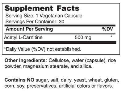 Acetyl- L-Carnitine  500 mg / Neuroprotection from a Potent Carnitine Metabolite (Vegetarian)